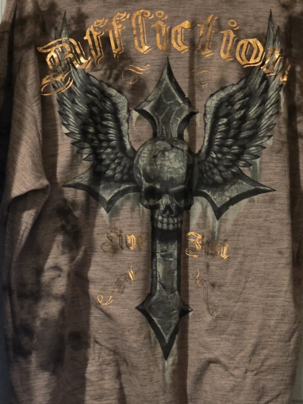 Affliction Men's Brown Short Sleeve Skull & Wing Cross Graphic Shirt